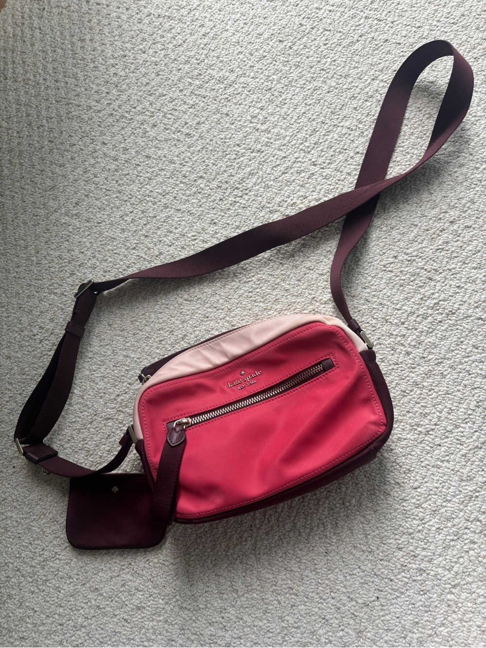 kate spade two-tone pink crossbody with burgundy strap
